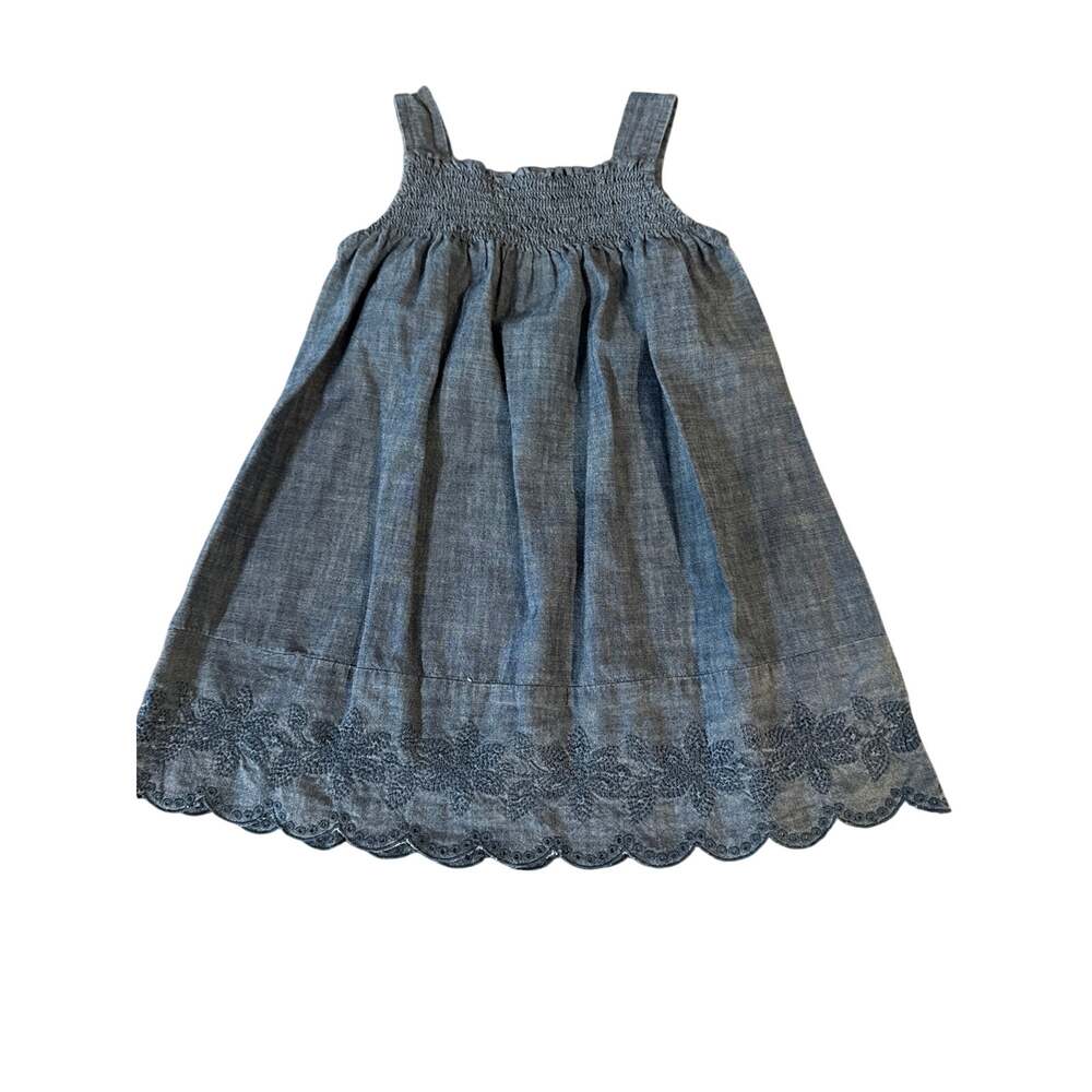 Baby Gap Girls 3T Blue Chambray Smocked Sundress Floral Embroidered Scalloped